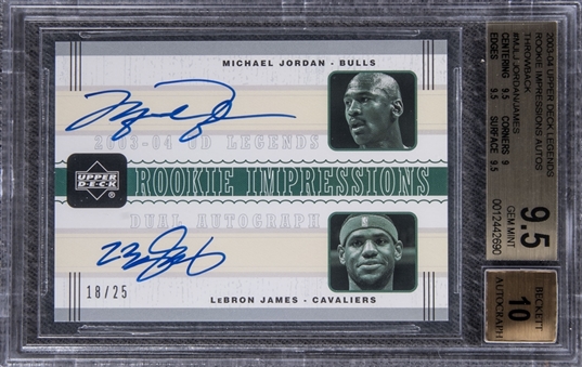 2003-04 UD Legends Throwback "Rookie Impressions Autos" #MJ/LJ Michael Jordan/LeBron James Dual-Signed Rookie Card (#18/25) – BGS GEM MINT 9.5/BGS 10